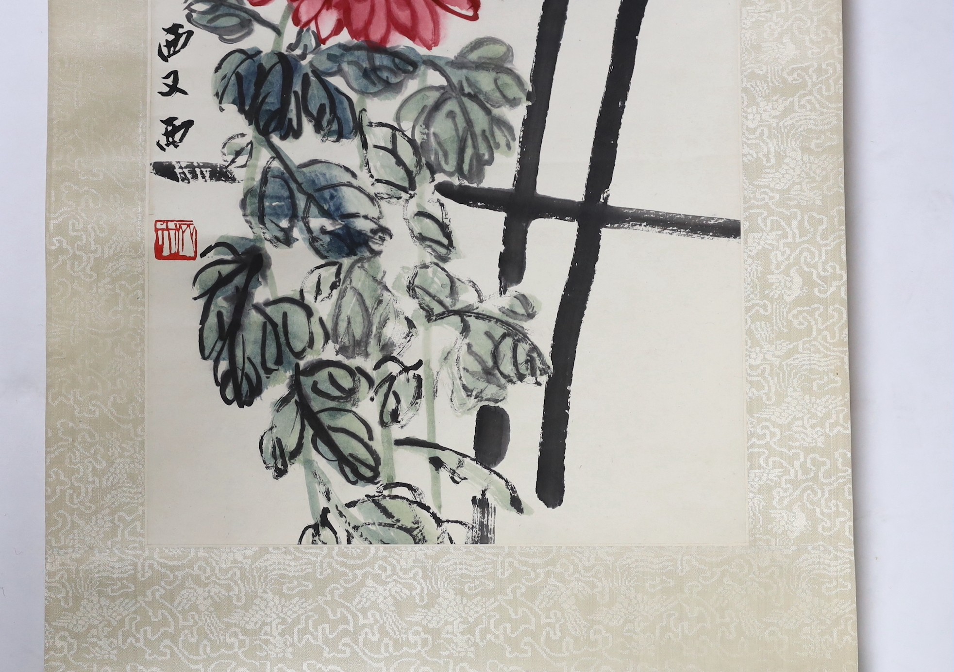 Qi Baishi (1864-1957), Bee and chrysanthemums, ink and colour on paper scroll painting, inscribed and with seal mark, Image 101cm x 33cm